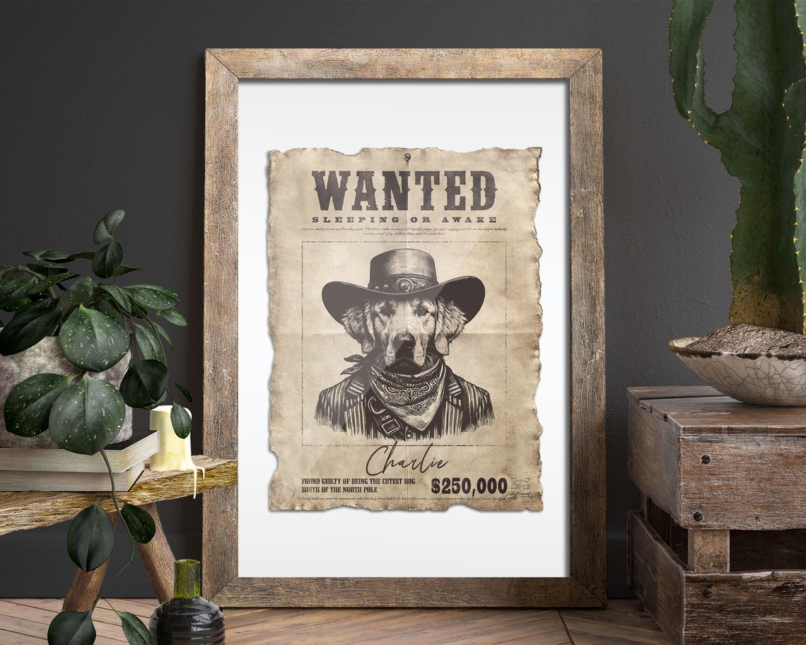 Wanted Golden Retriever Cowboy Hat Vintage Western Funny Dog Poster
