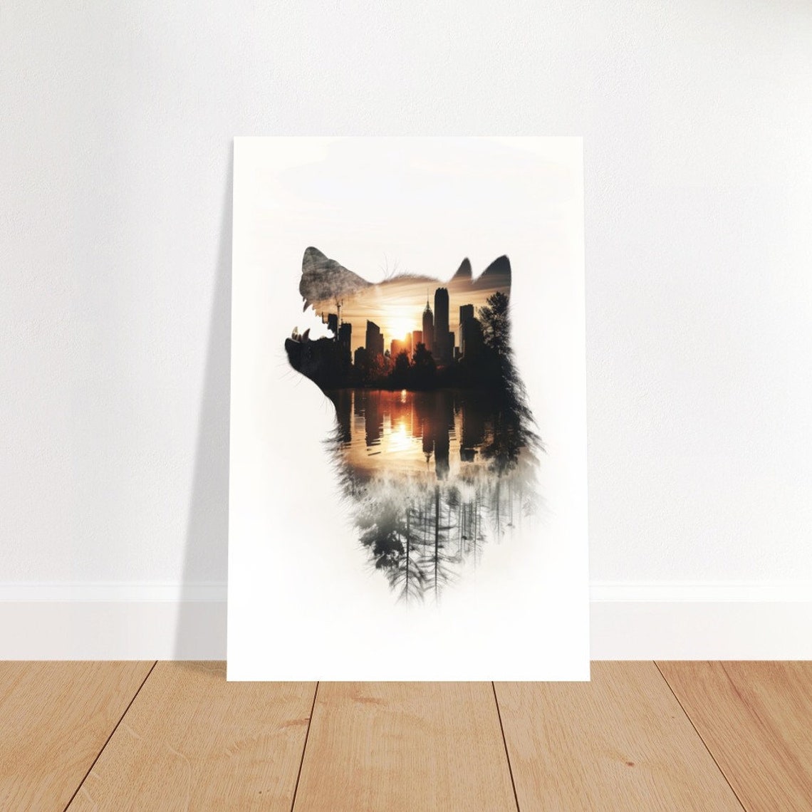 Howling Wolf Double Exposure Sunset City Skyline Silhouette Print - Image 4