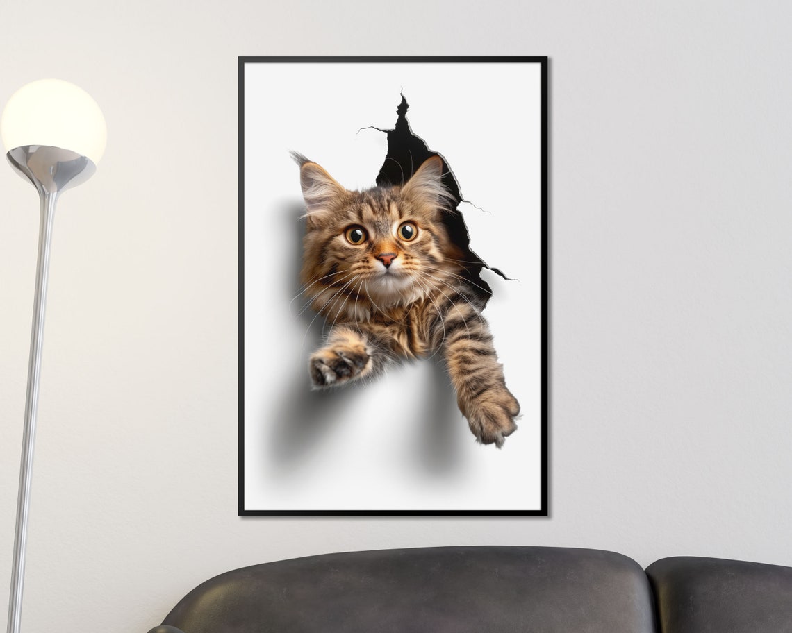 Tabby Cat Breaking Through Paper 3D Funny Wall Jump Optical Art Poster