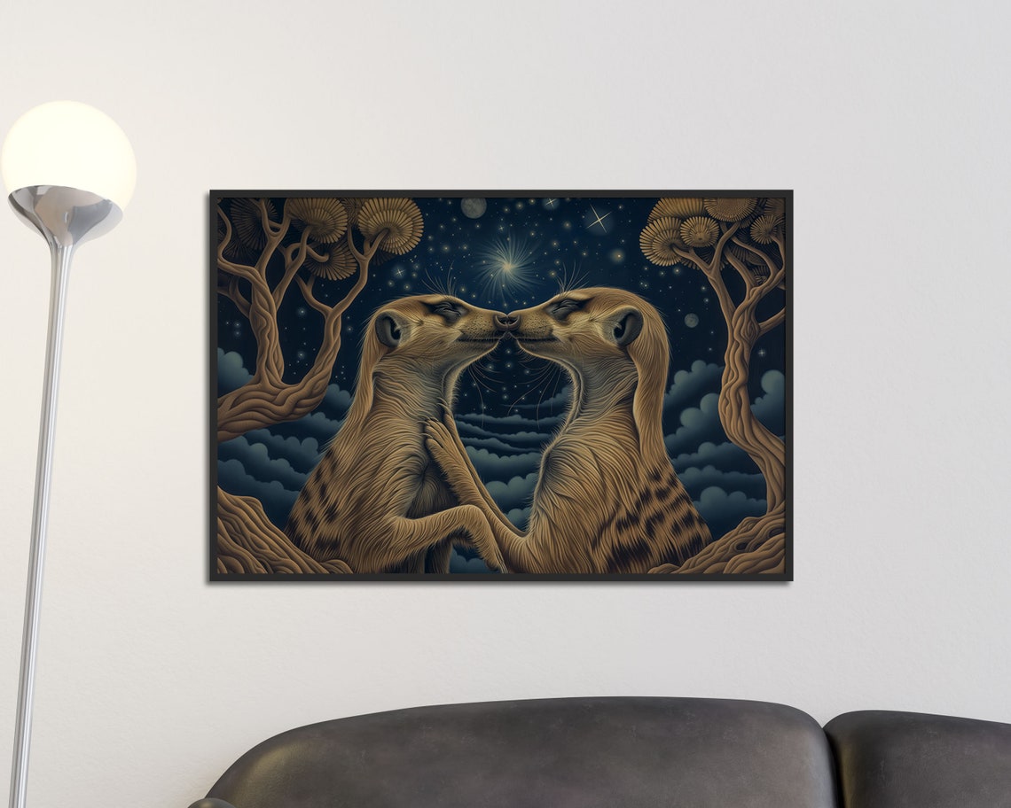 Meerkat Couple Nose To Nose Starry Night Celestial Animal Wall Art
