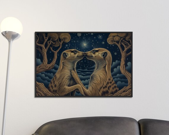 Meerkat Pair Nose To Nose Starry Sky Celestial Night Animal Wall Art