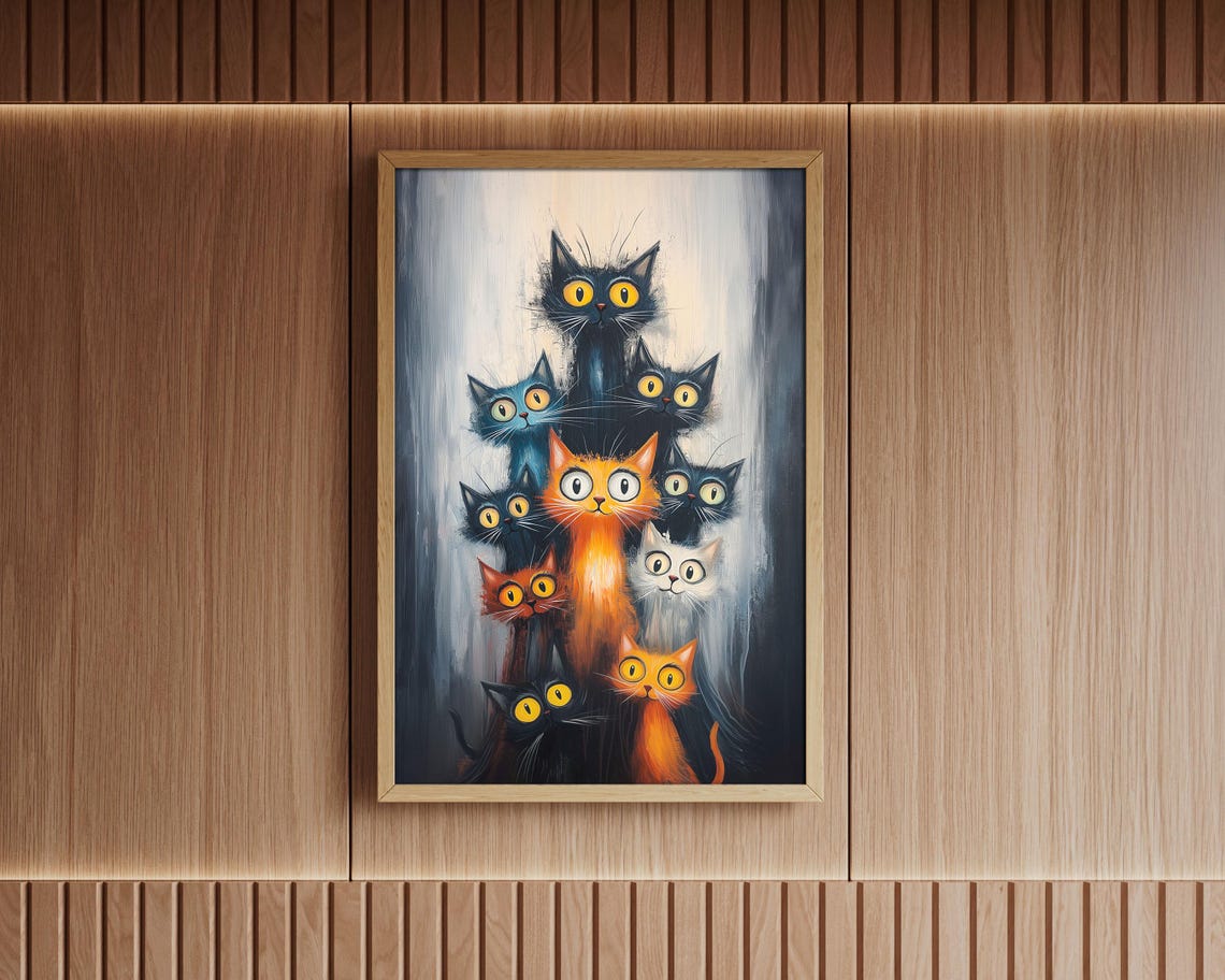 Midnight Mischief Cat Gang Nine Cats Big Eyes Whimsical Feline Poster - Image 2