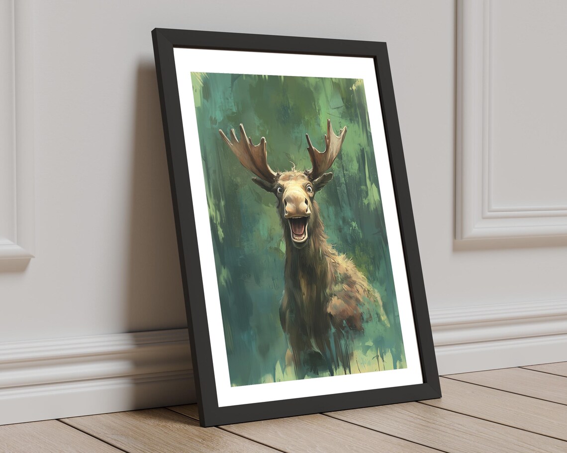 Laughing Moose Happy Wild Forest Animal Painting Green Canvas Poster - Image 8