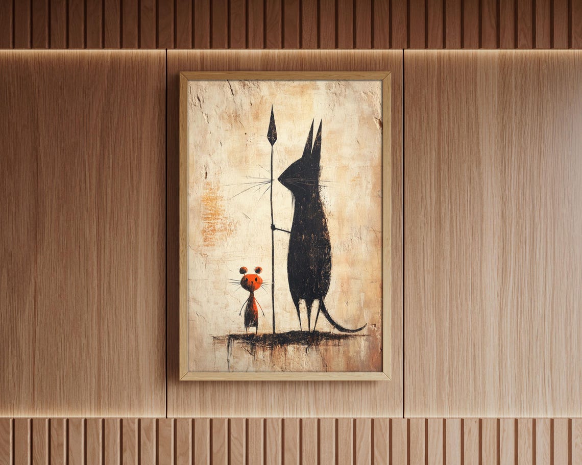 Primitive Cat And Mouse Cave Painting Rustic Minimal Art Poster - Image 5