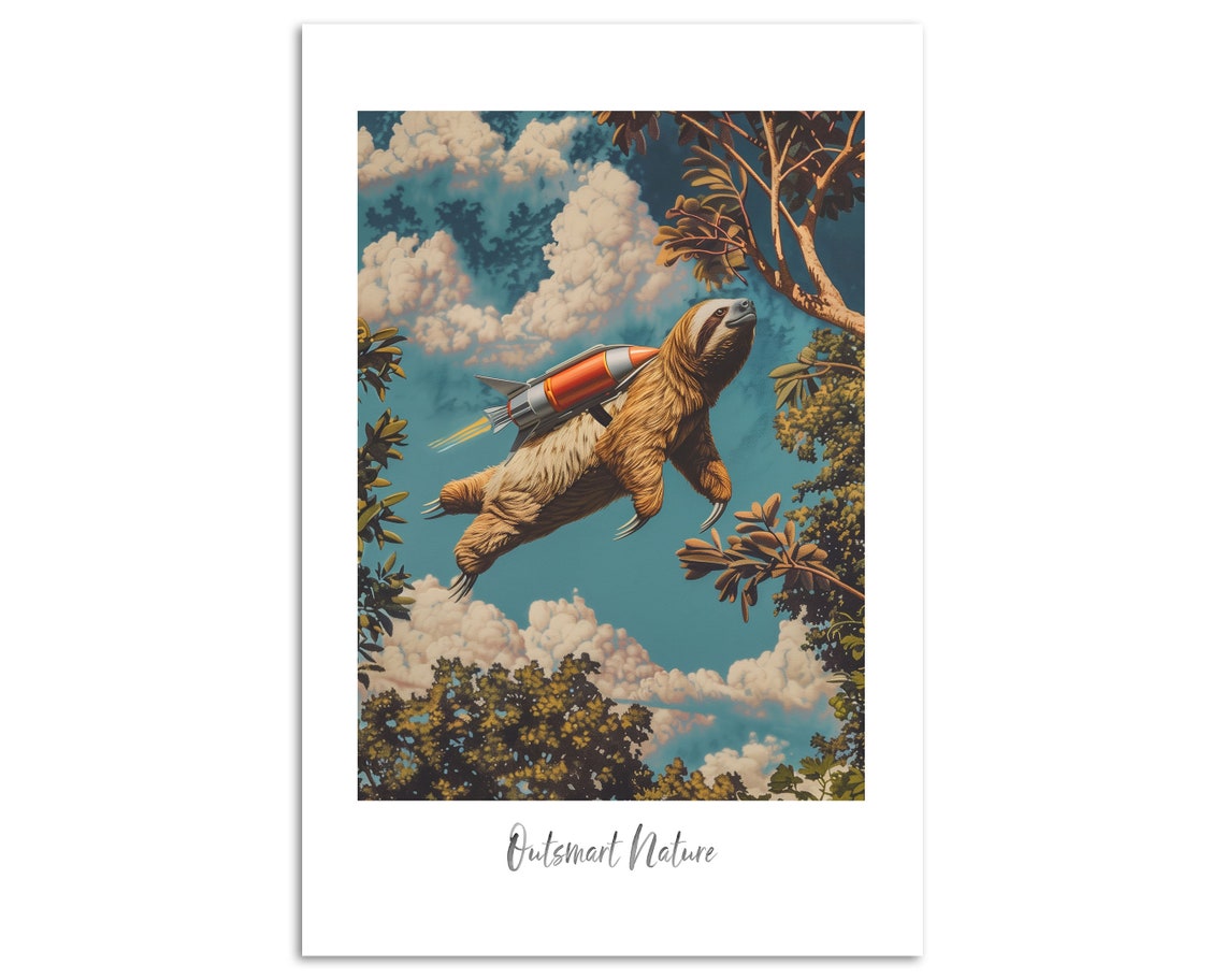 Sloth Flying With Jetpack Outsmart Nature Vintage Art Poster - Image 4