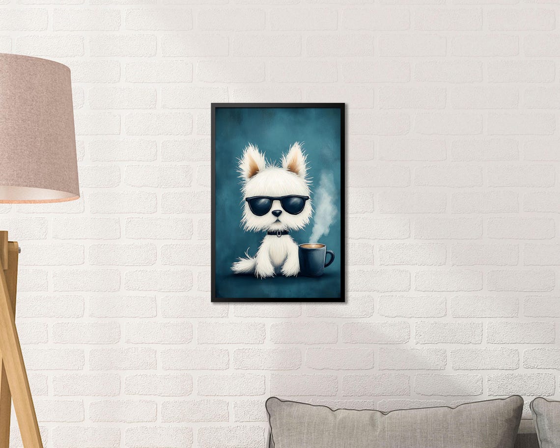 Cool White Puppy With Sunglasses Steaming Coffee Cup Art Poster - Image 2