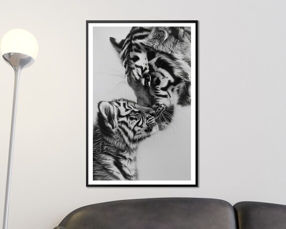 Tender Tiger Mother And Cub Embrace Black And White Wildlife Art Poster