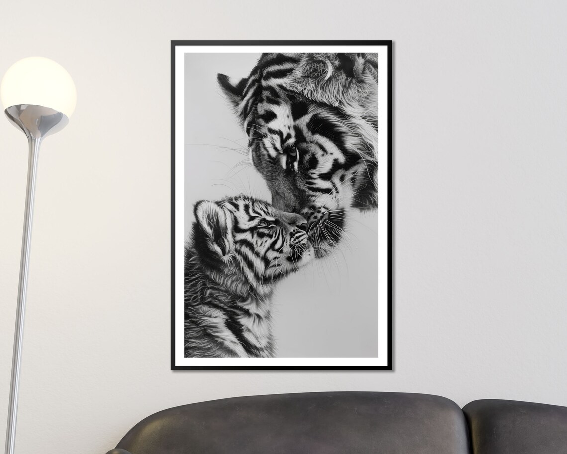 Tender Tiger Mother And Cub Embrace Black And White Wildlife Art Poster