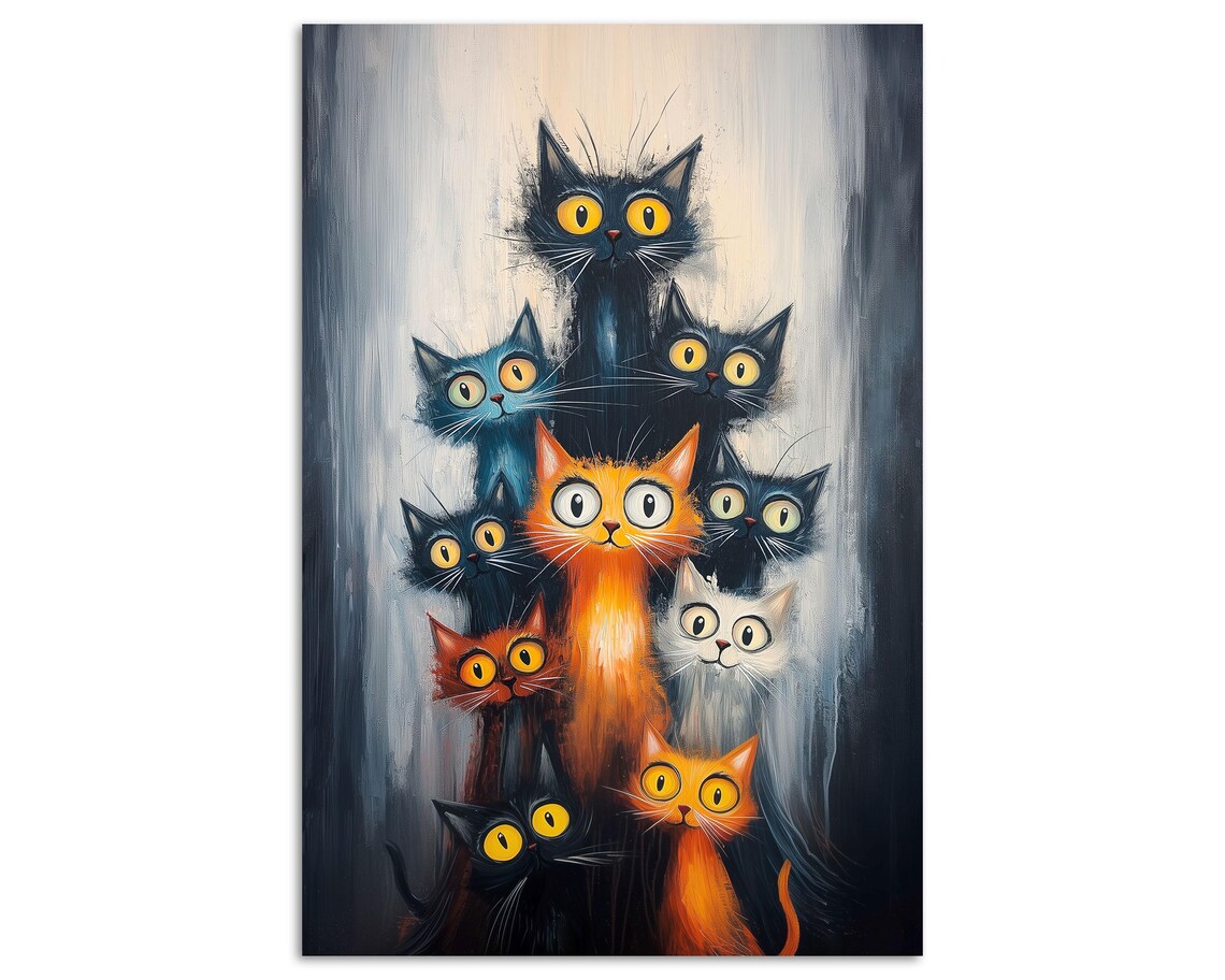 Midnight Mischief Cat Gang Nine Cats Big Eyes Whimsical Feline Poster - Image 5