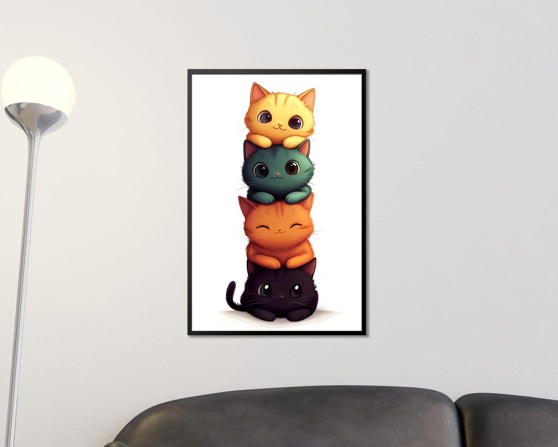 Adorable Stacked Cats Tower Four Cute Kittens Nursery Wall Art - Image 3