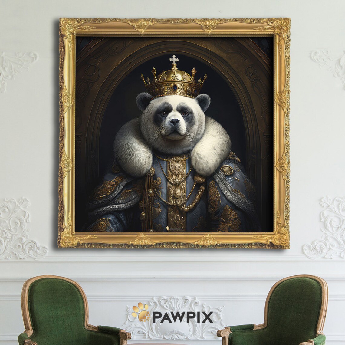 Royal Panda King With Golden Crown Fur Cape Majestic Animal Portrait Art
