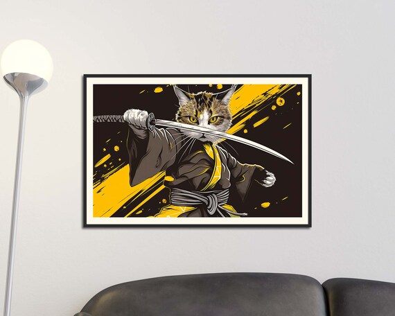 Samurai Cat Warrior With Katana Sword Bold Black Gold Graphic Art Poster
