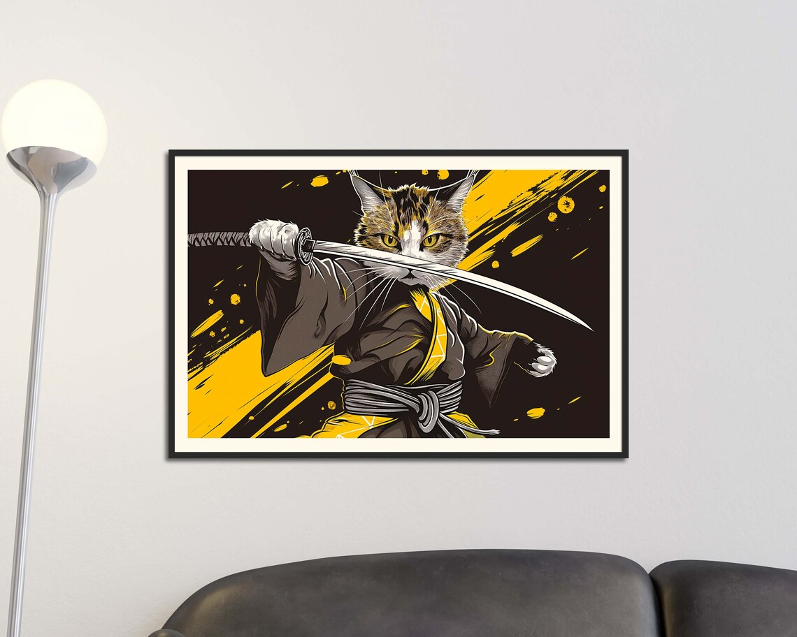 Samurai Cat Warrior With Katana Sword Bold Black Gold Graphic Art Poster