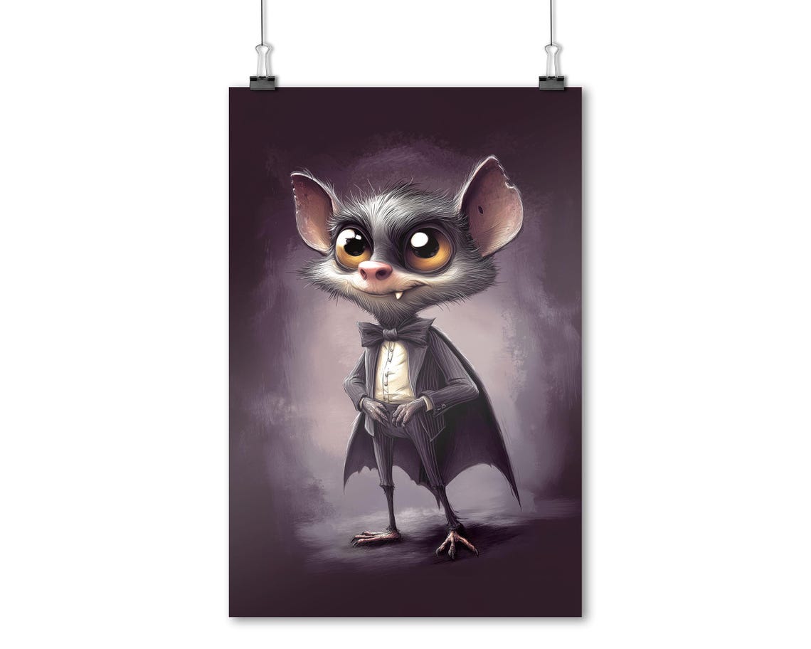 Cute Vampire Bat In Tuxedo With Bow Tie Gothic Halloween Art Poster - Image 3