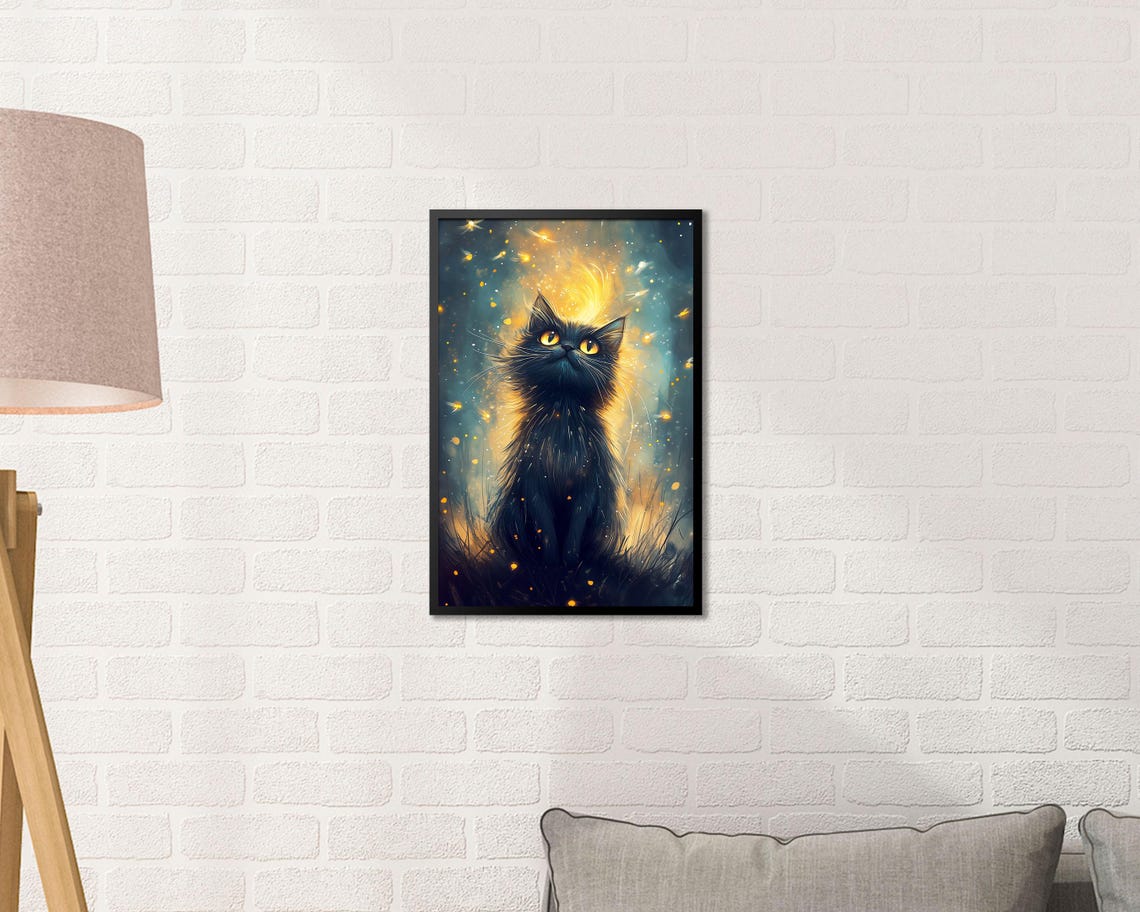 Black Kitten Gazing Up at Golden Light Magic Sparkles Wall Art - Image 2