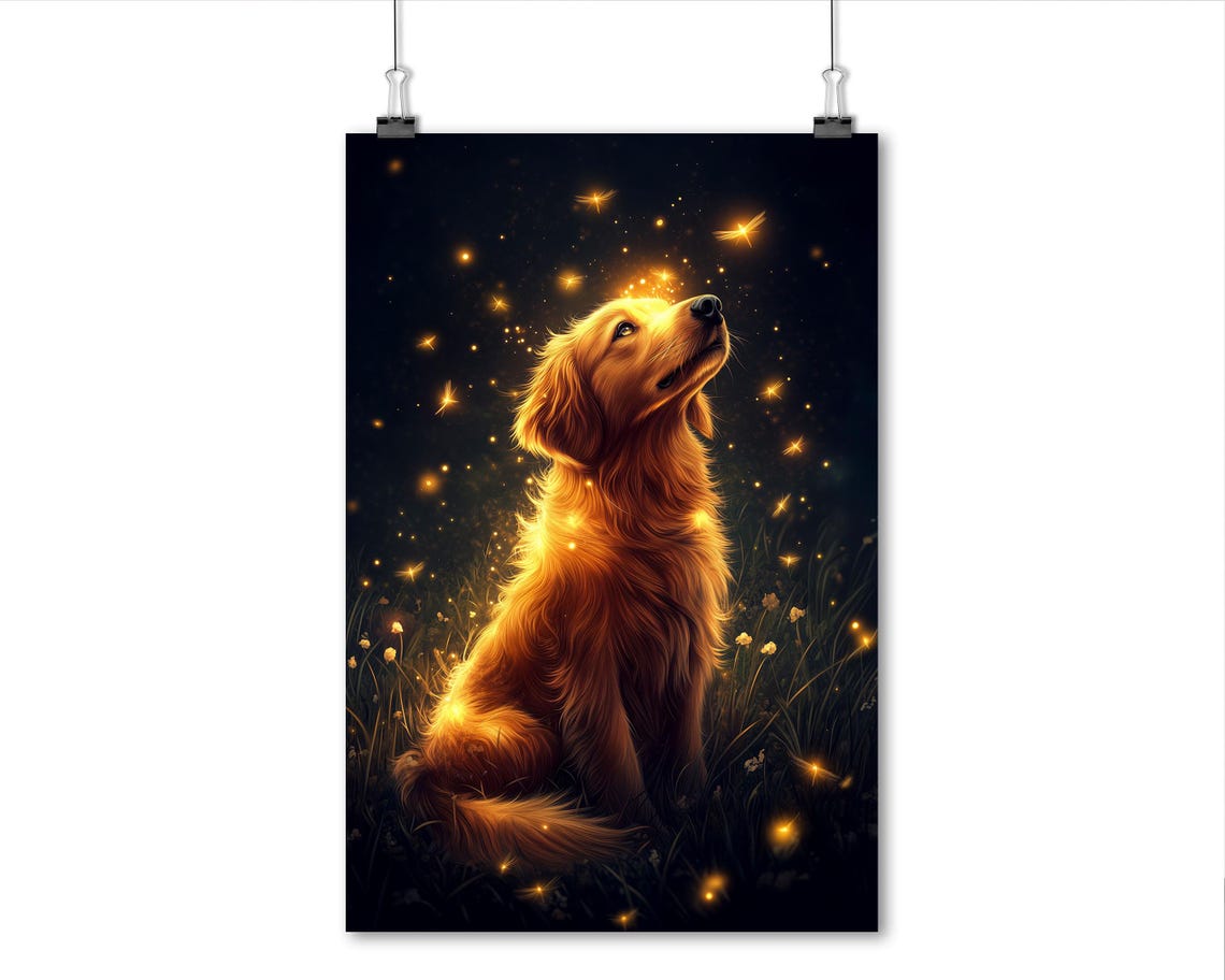 Golden Retriever Watching Fireflies Magical Night Sky Wall Art - Image 8