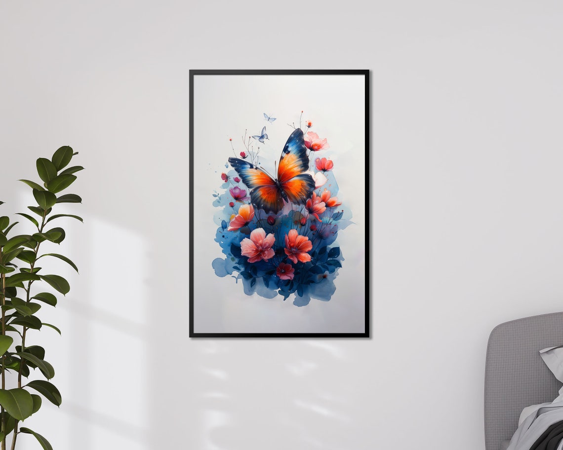 Orange Blue Butterfly Watercolor Floral Botanical Art Print Poster - Image 4