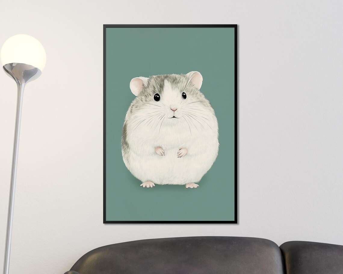 Cute Chubby Grey Hamster Portrait Minimalist Sage Green Wall Art - Image 4