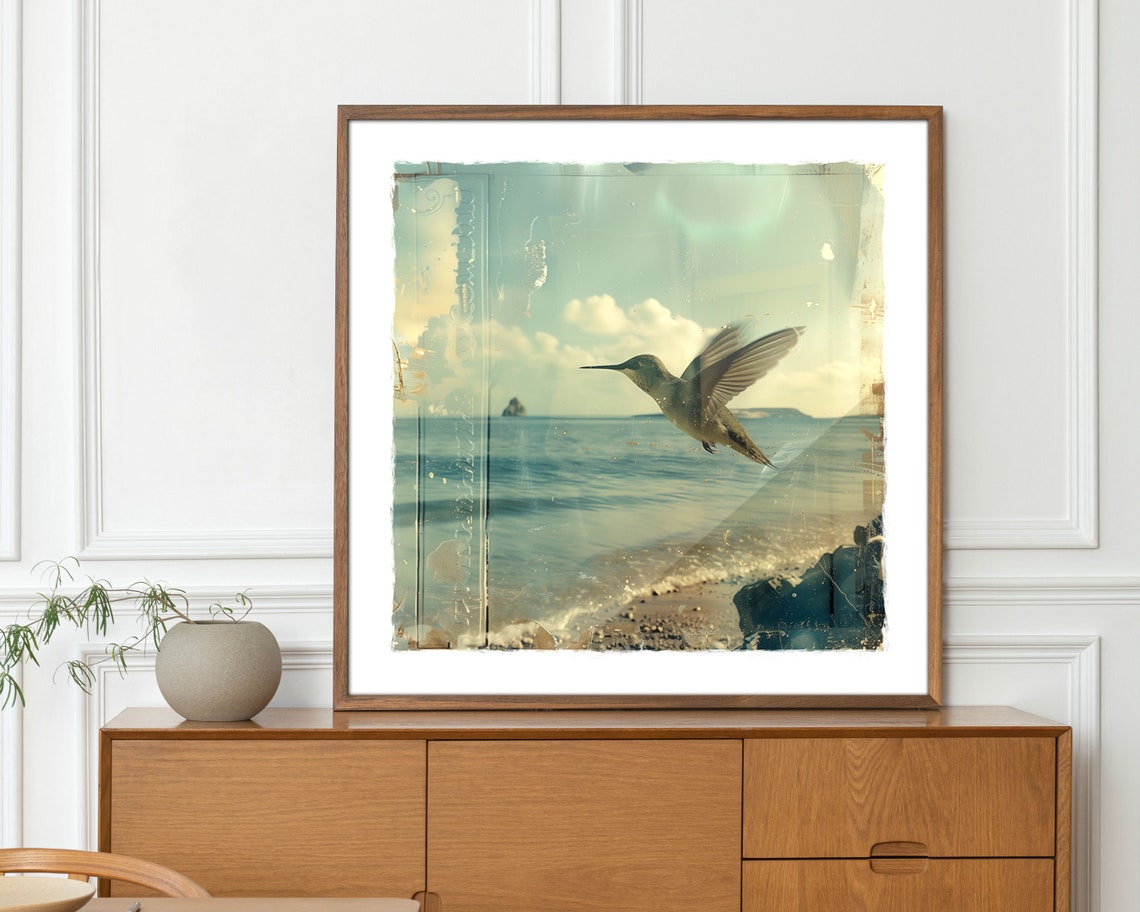 Hummingbird Over Ocean Beach Vintage Coastal Photo Wall Art Print - Image 5