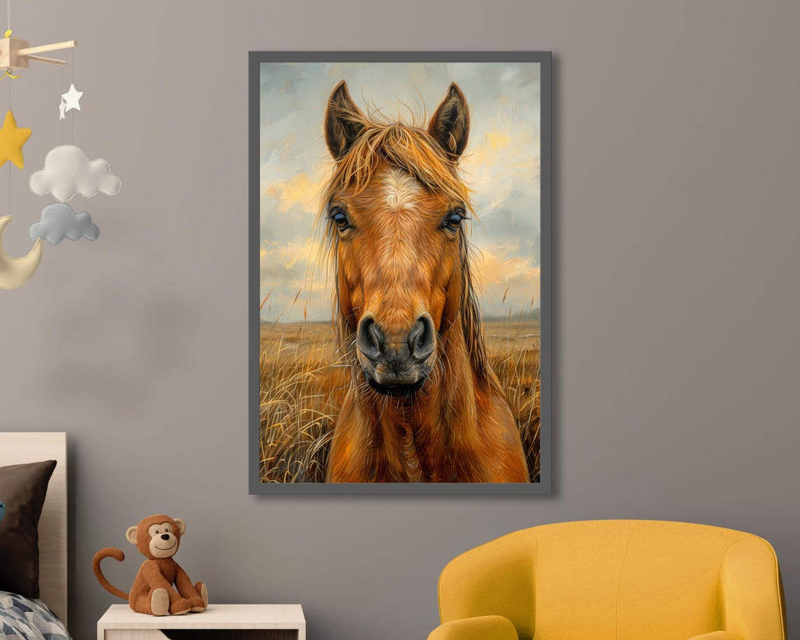 Chestnut Horse Face Portrait Golden Wheat Field Rustic Wall Art - Image 4