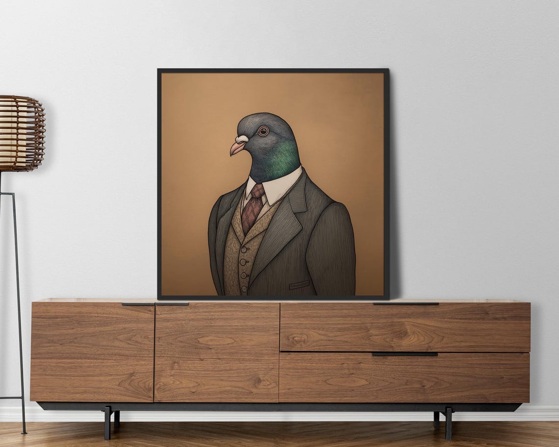 Dapper Pigeon In Vintage Suit Quirky Bird Portrait Art Poster - Image 3