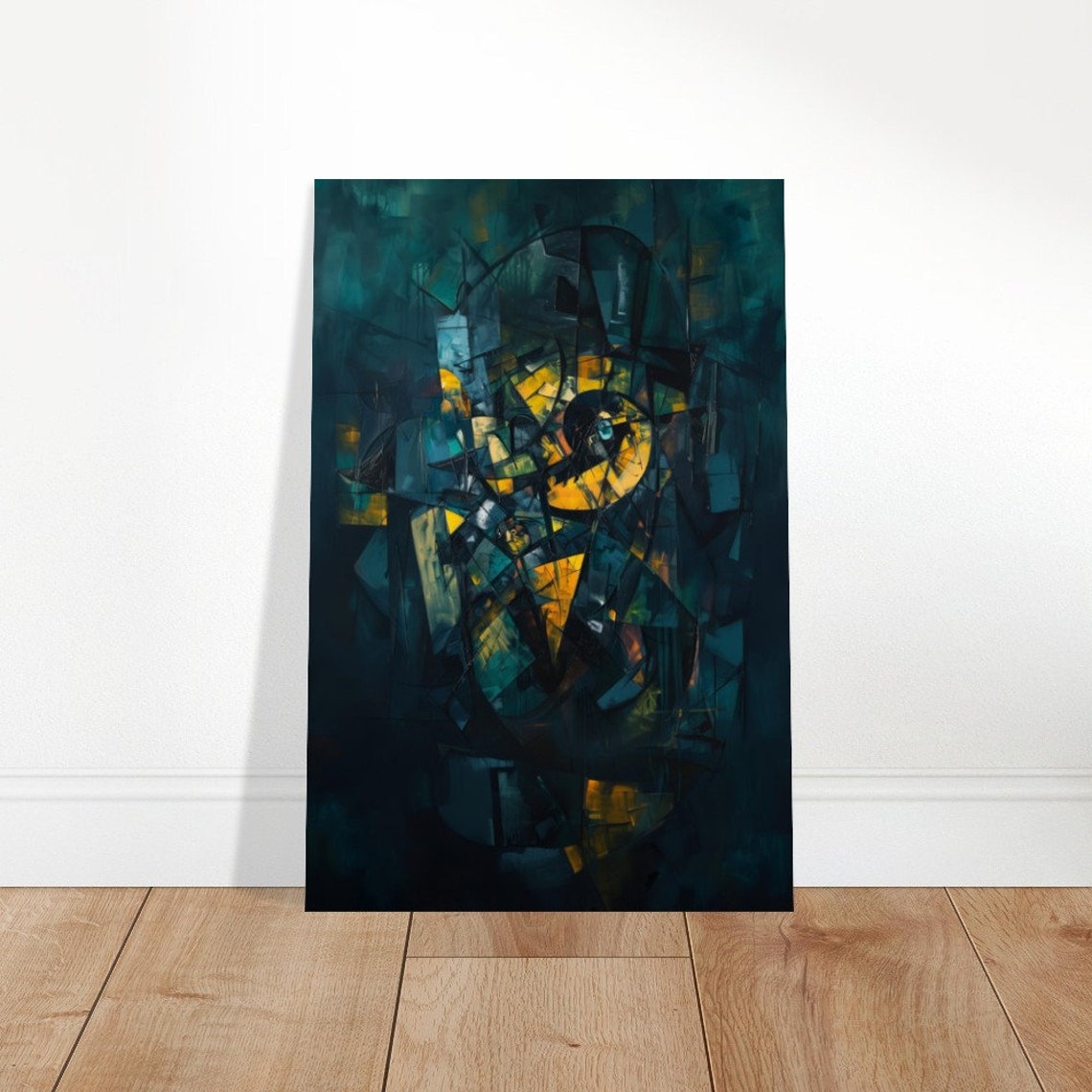 Abstract Canary Cubist Bird Painting Teal Yellow Bold Brushwork Poster