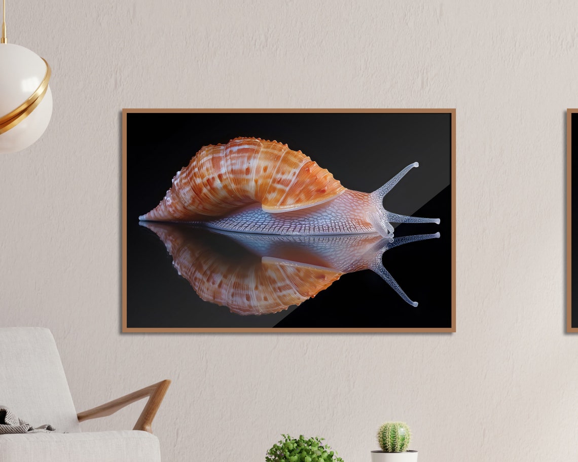 Elegant Snail With Mirror Reflection Orange Shell Nature Art Print - Image 5