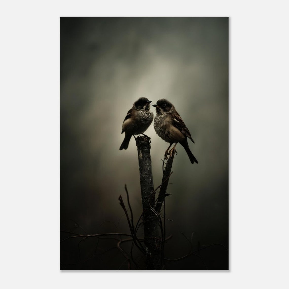Two Sparrows Dark Moody Branch Intimate Nature Bird Pair Poster - Image 2