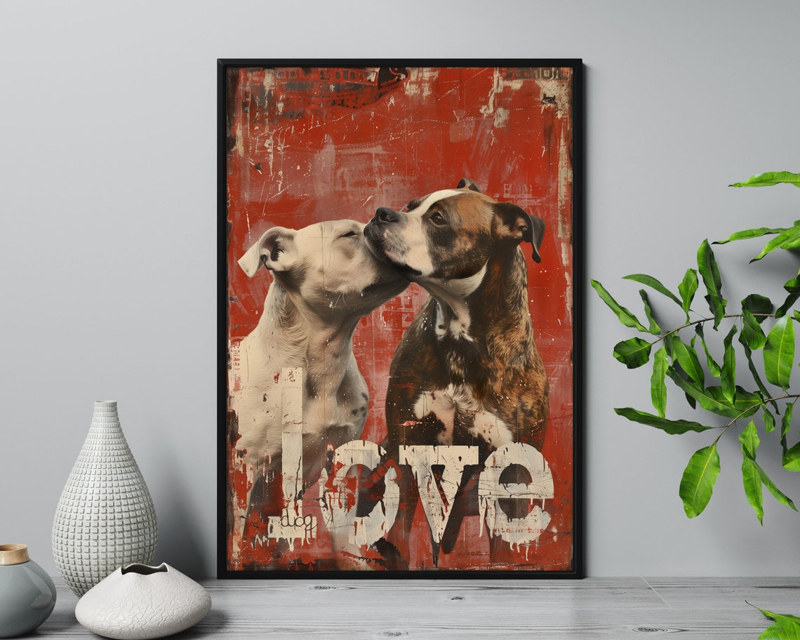 Two Sweet Boxers In Love Retro Red Grunge Dog Wall Art Print