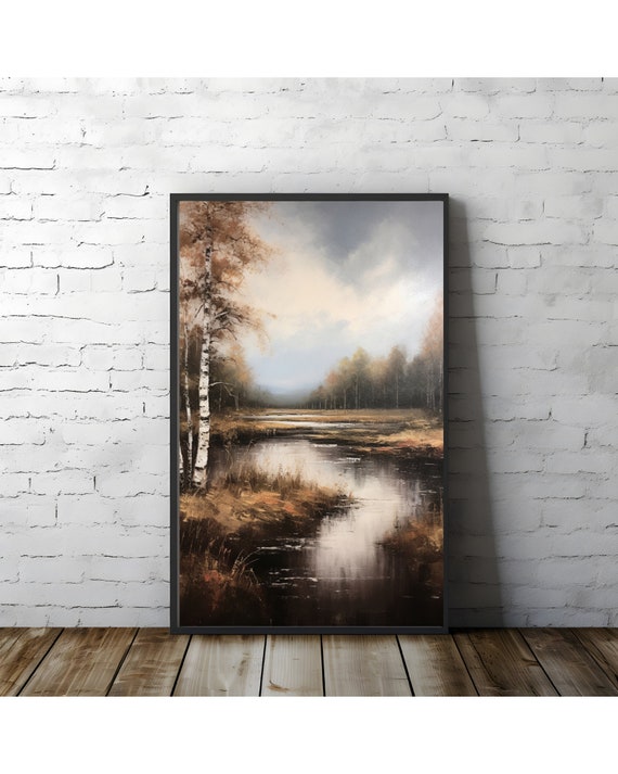 Bidtheewell Wandering Creek Print Neutral Wall Decor Landscape Art New Home Gift Vintage Style Farm