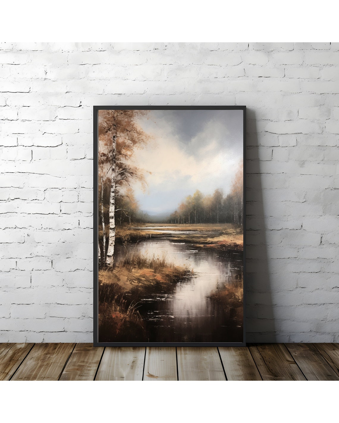 Birch Trees By A Misty Creek Moody Autumn Landscape Art Poster
