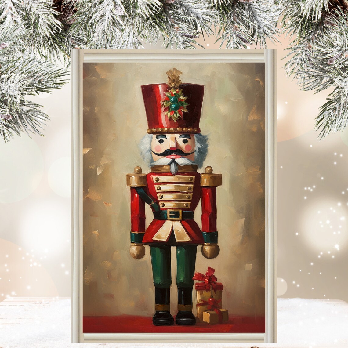 Vintage Nutcracker Soldier With Gifts Christmas Painting Poster