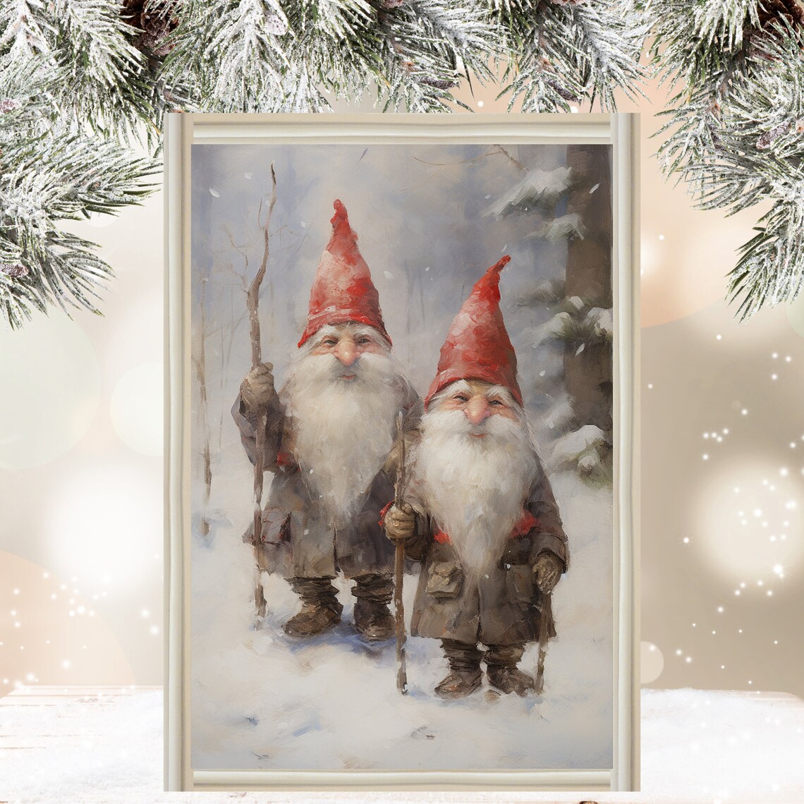 Gnomes at Christmas Art Print, Holiday Wall Decor