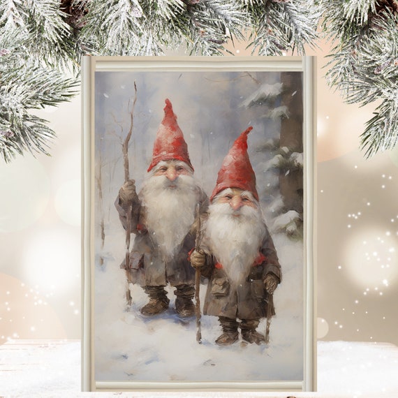 Gnomes at Christmas Art Print, Holiday Wall Decor