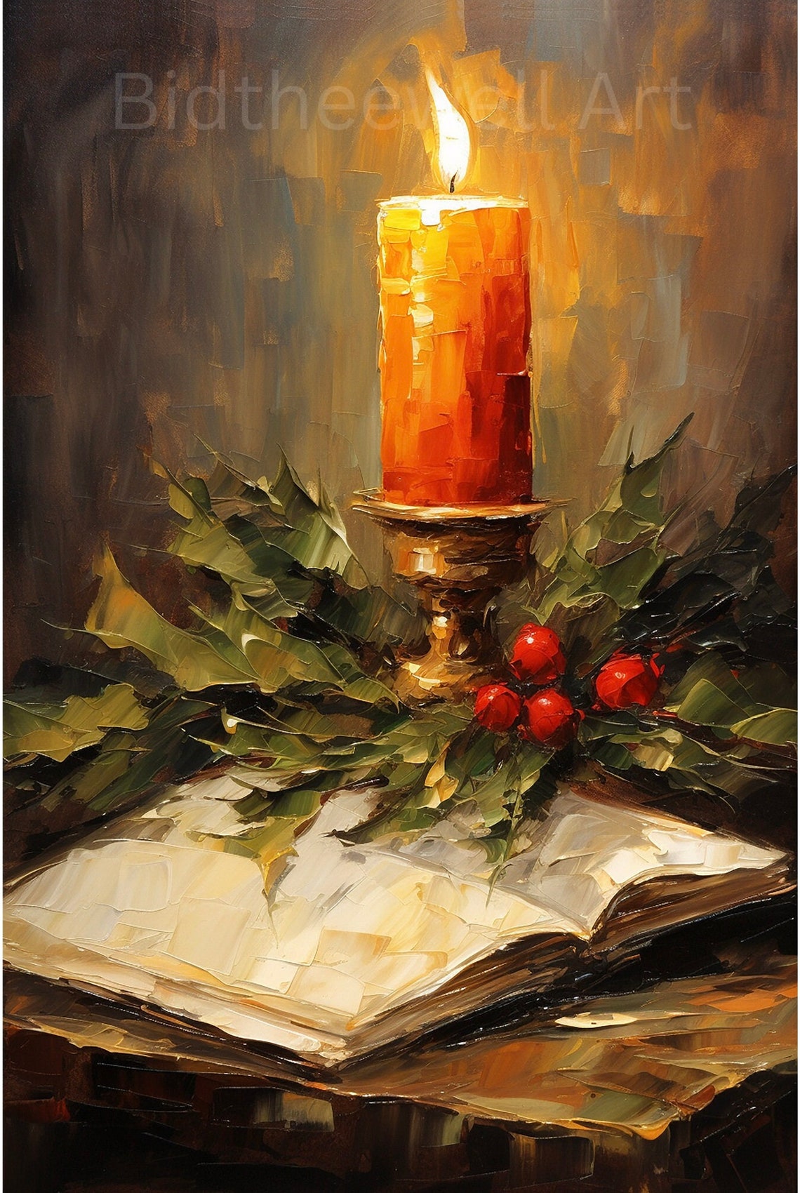 Glowing Christmas Candle Open Book Holly Berries Still Life Poster - Image 2