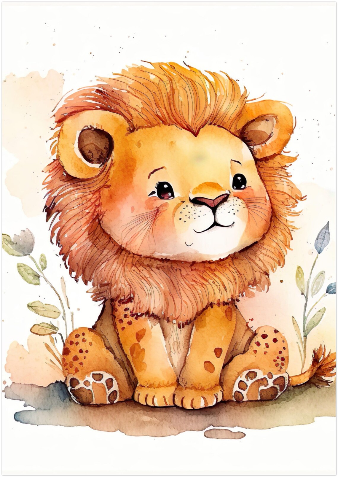 Cute Baby Lion Watercolor Nursery Art Sitting Lion Cub On White Poster - Image 5