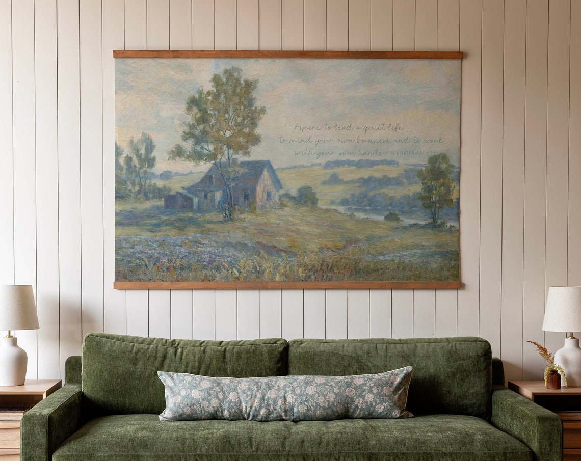 Scripture Wall Art On Vintage Tapestry Print Live A Quiet Life Scripture Vintage Wall Art Countryside Landscape Art 540