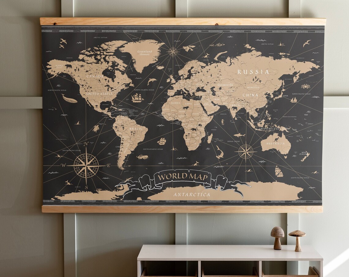 Black and Gold Vintage World Map With Compass Roses and Ships Poster - Image 2