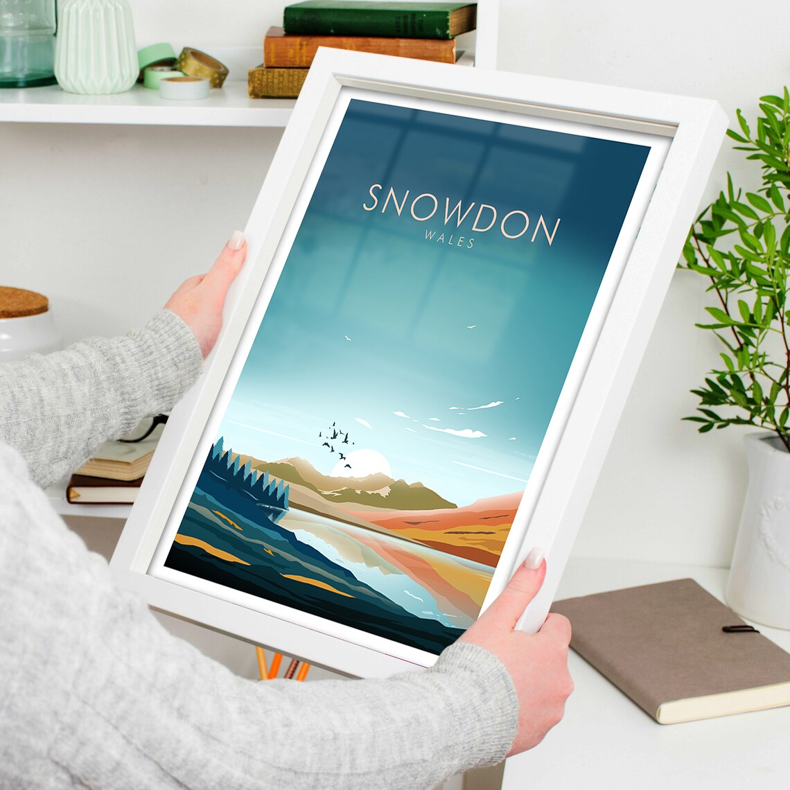Snowdon Wales Mountain Lake Birds Minimalist Scenic Travel Poster - Image 4