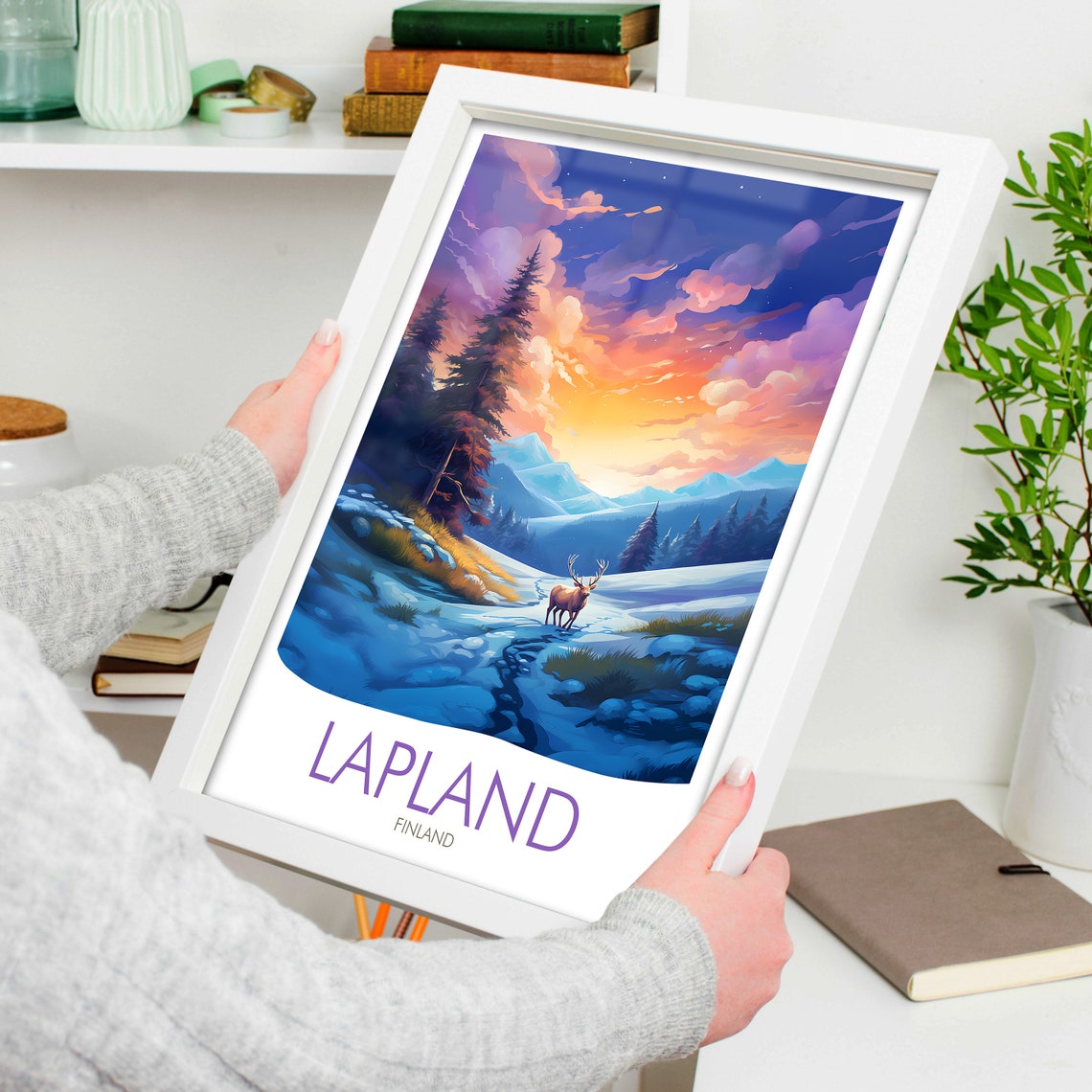 Lapland Finland Reindeer Snowy Valley Winter Sunset Sky Poster - Image 4
