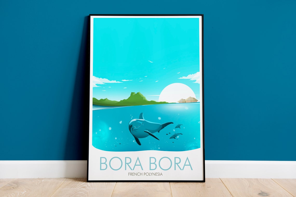Bora Bora Dolphin Pod Tropical Island Lagoon Scene View Poster