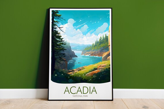 Acadia National Park Maine Rocky Coastline Pine Forest Travel Poster