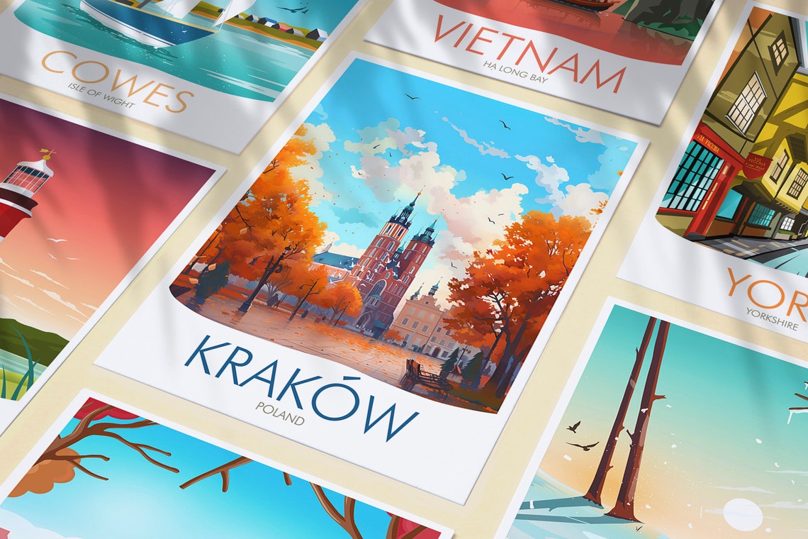 Kraków Poland Autumn Market Square Church Towers Travel Poster - Image 3