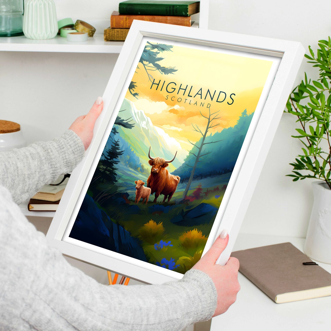 Scottish Highlands Highland Cow Calf Sunset Mountain Travel Poster - Image 4