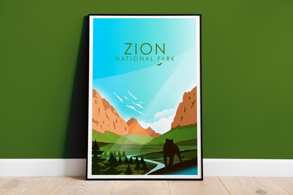 Zion National Park Utah Red Canyon River Cougar Travel Poster
