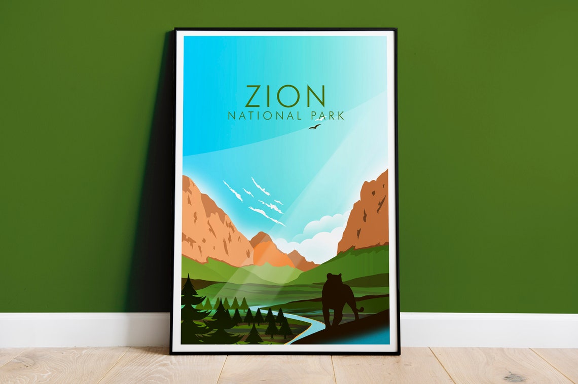 Zion National Park Utah Red Canyon River Cougar Travel Poster