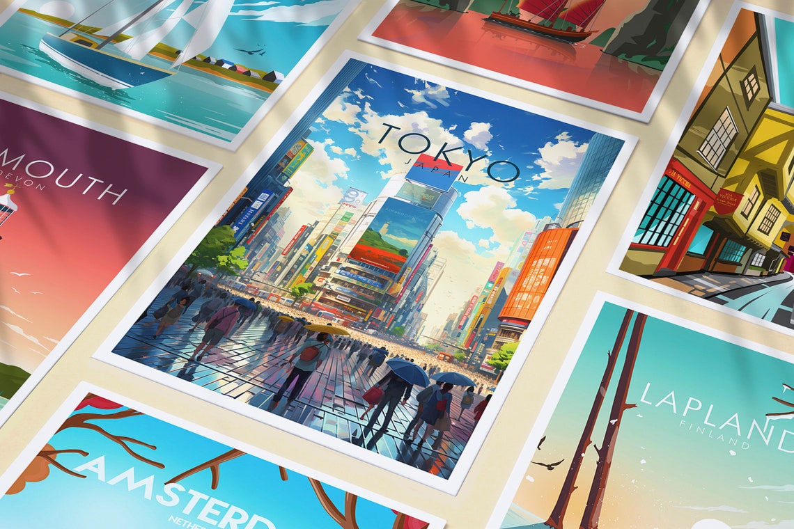 Tokyo Japan Bustling Crossing Umbrellas Billboards City Travel Poster - Image 3