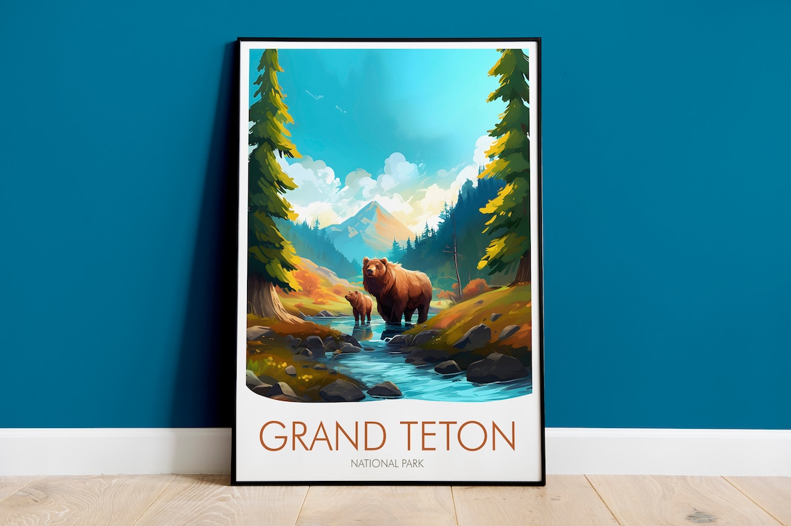 Grand Teton National Park Grizzly Bears Mountain Stream Wyoming Peaks Travel Poster