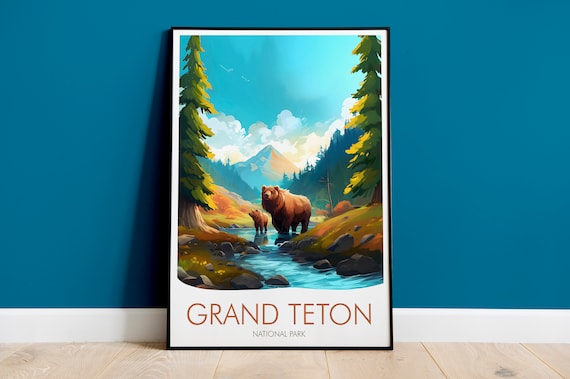 Grand Teton National Park Grizzly Bears Mountain Stream Wyoming Peaks Travel Poster