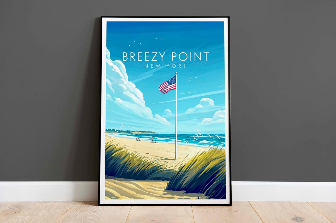 Breezy Point New York Beach Dune Grass American Flag Travel Poster